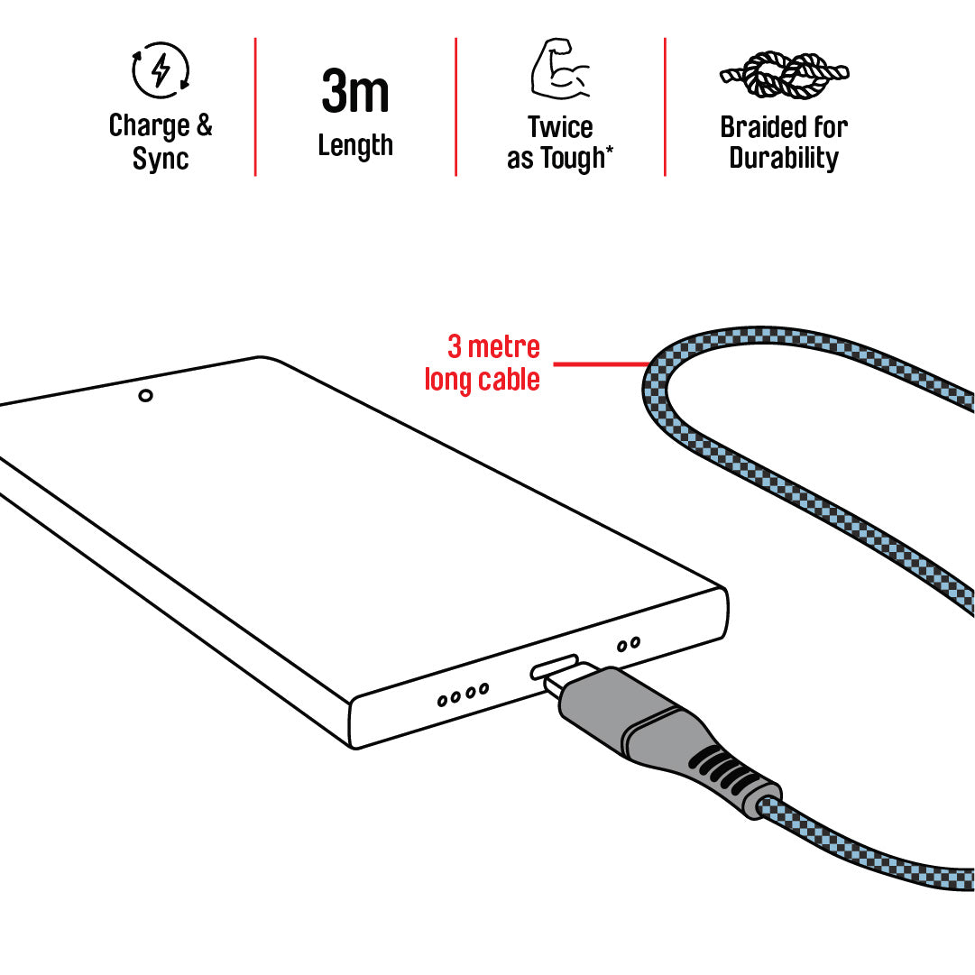 3m Braided USB A to USB C Charge & Sync Cable diagram