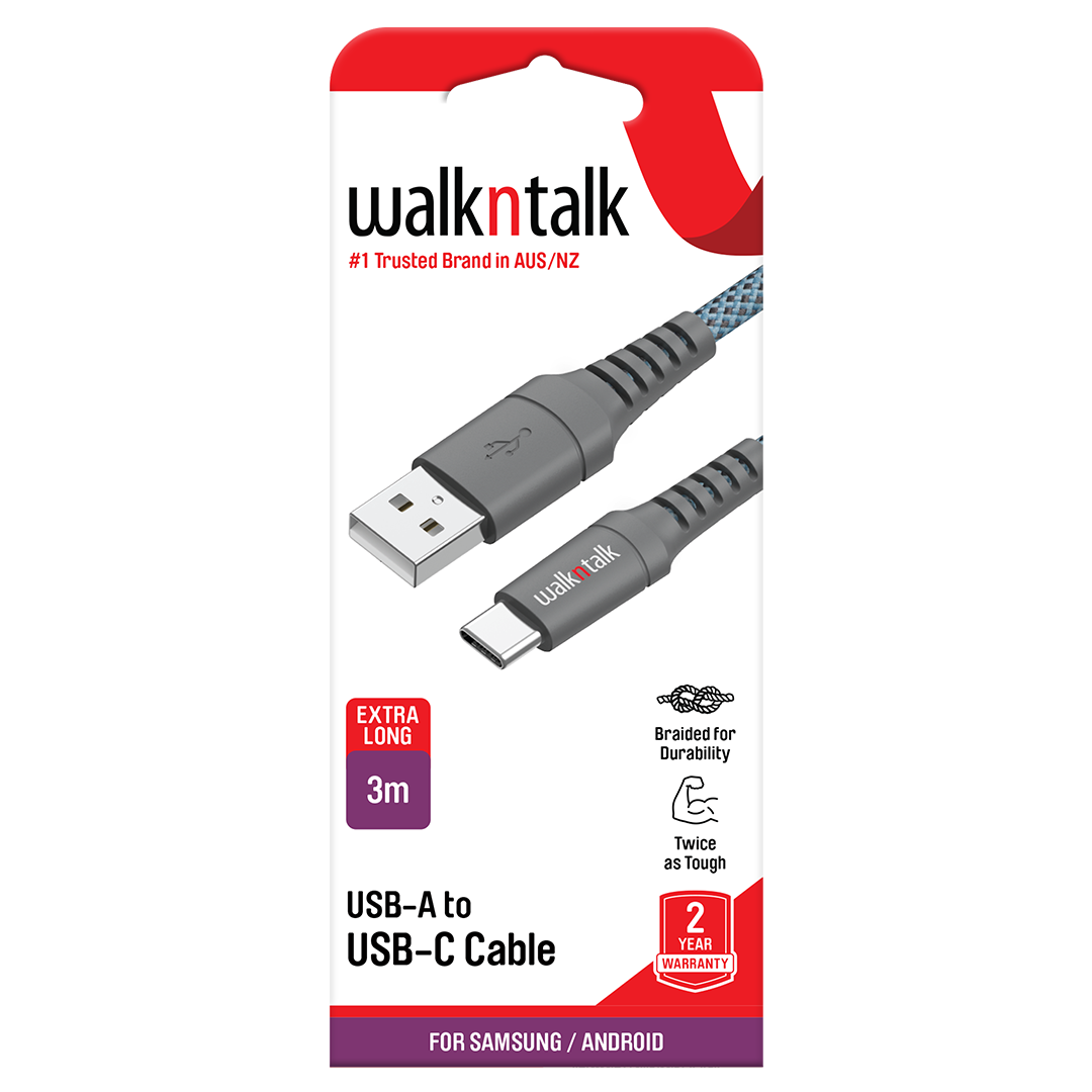 3m Braided USB A to USB C Charge & Sync Cable in packaging