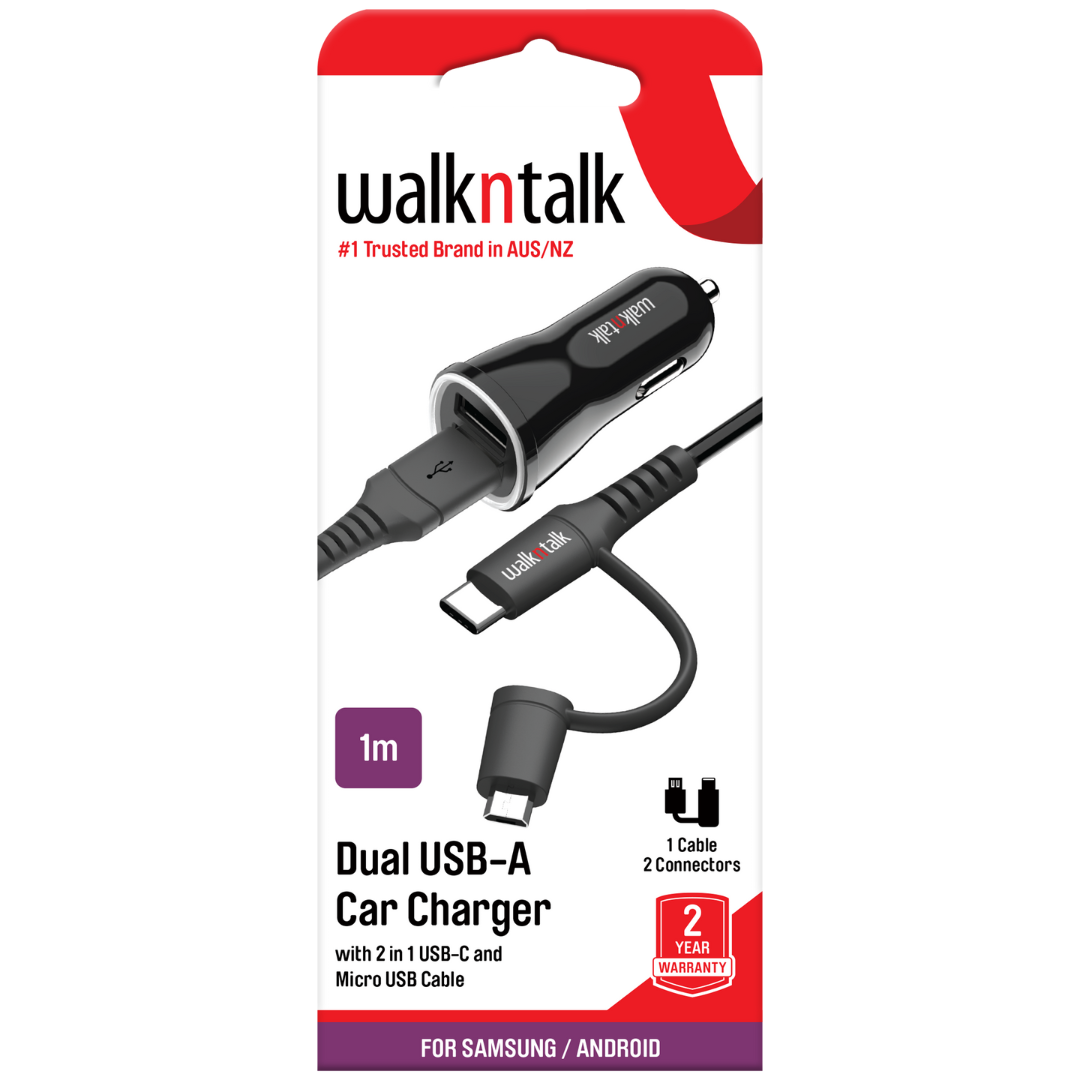 Car Charger Dual USB + 2in1 Charge & Sync Cable package