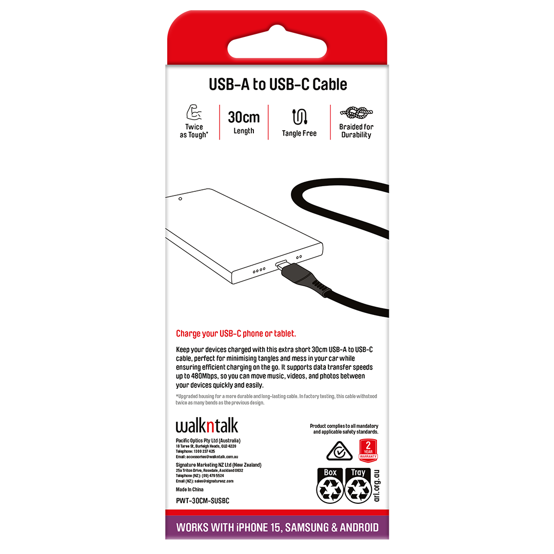 Premium 30cm Braided USBC Charge & Sync Cable back of box
