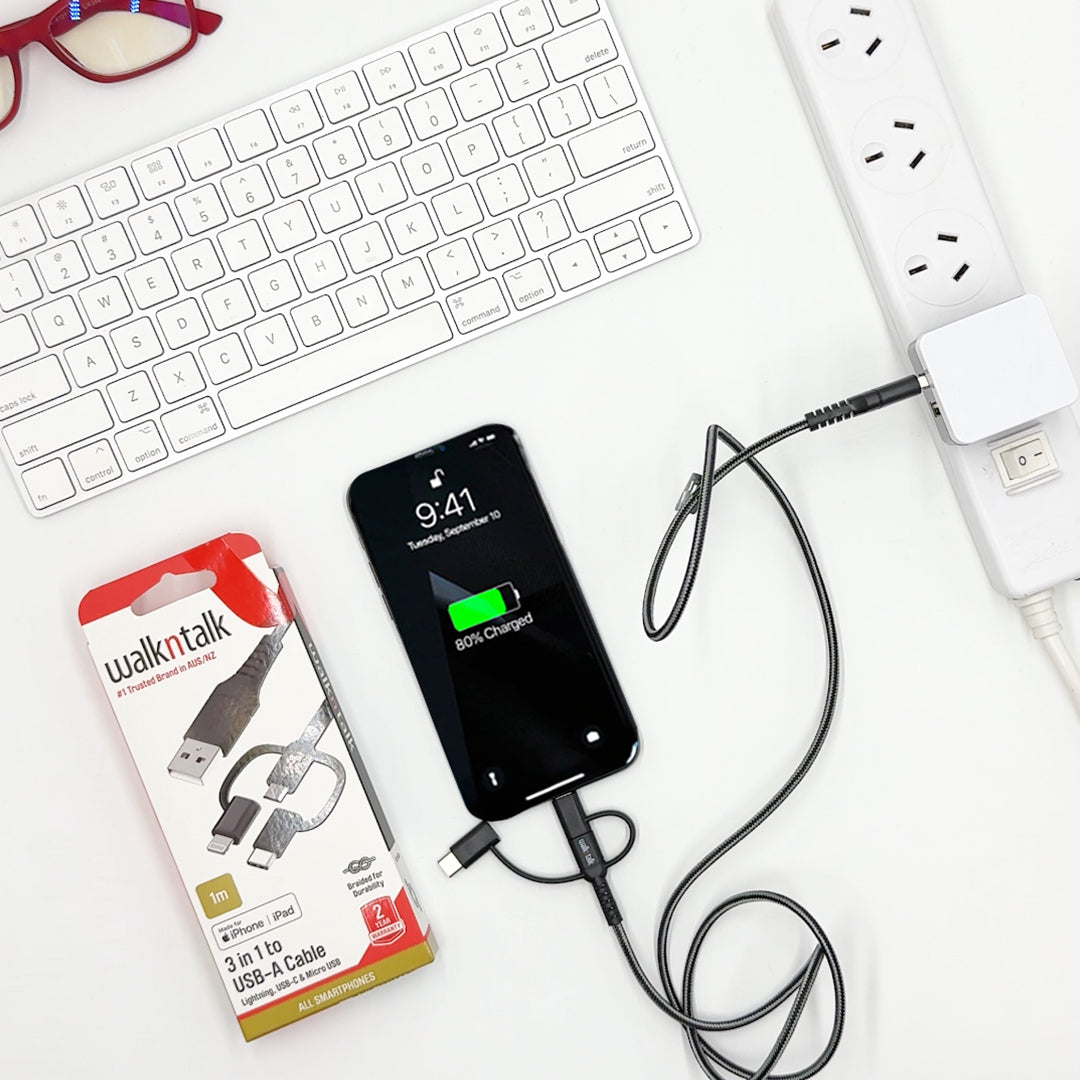 Premium 3 in 1 Charge & Sync Cable charging an iPhone