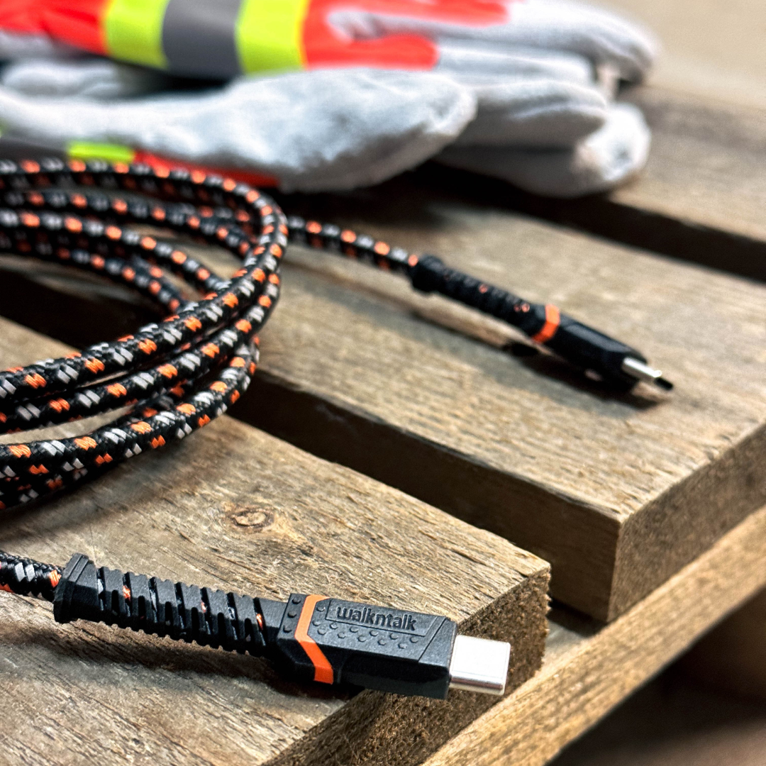 Rugged Kevlar USB C to USB C Cable on a bench