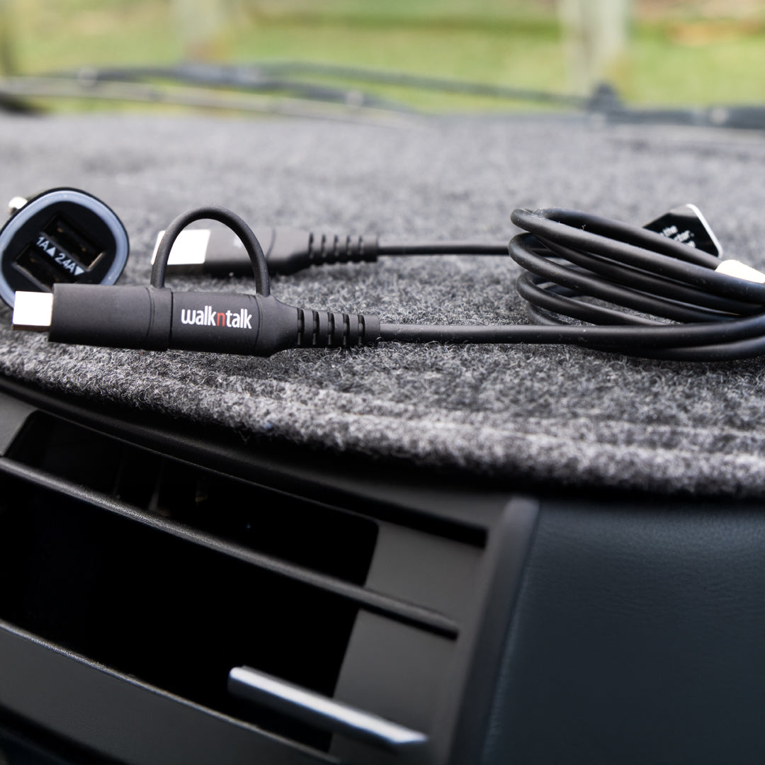 2in1 Charge & Sync Cable & Dual USB Car Charger combo on a car dash