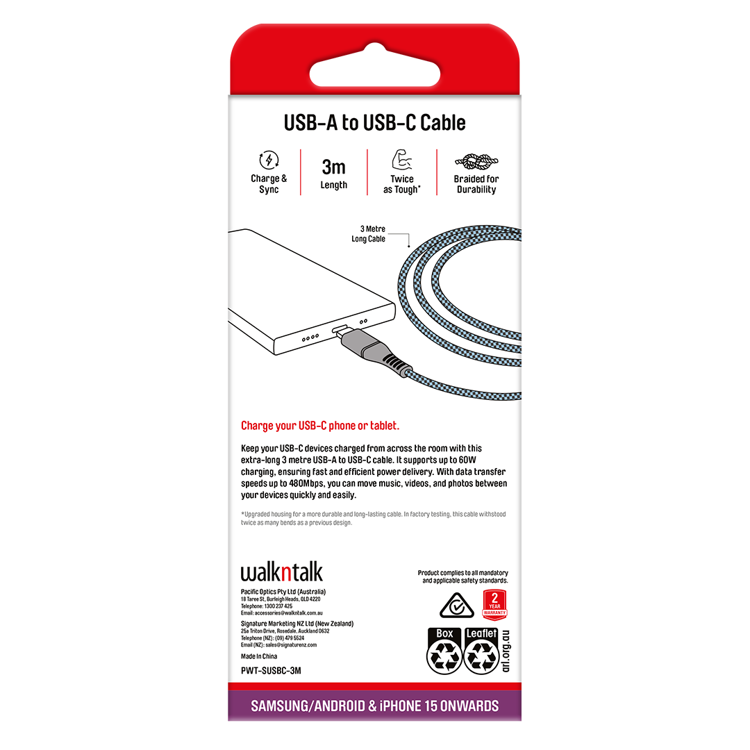 3m Braided USB A to USB C Charge & Sync Cable back of packaging