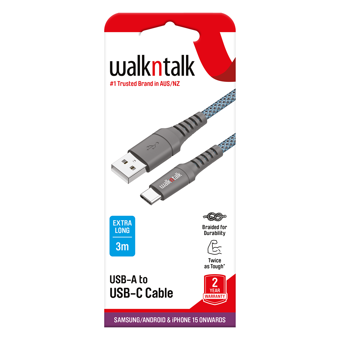 3m Braided USB A to USB C Charge & Sync Cable in packaging updated