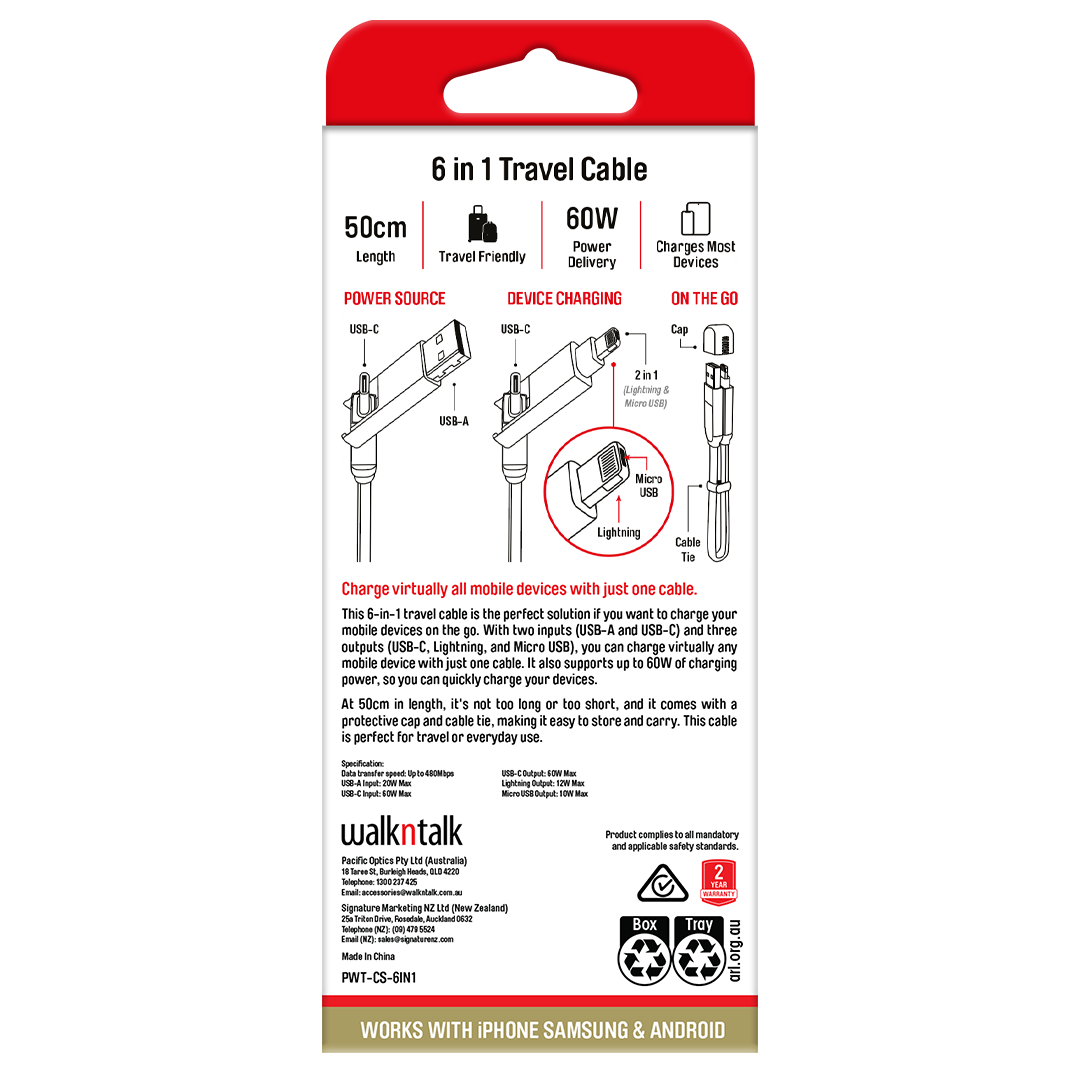 6 in 1 Travel Cable in a box back of pack