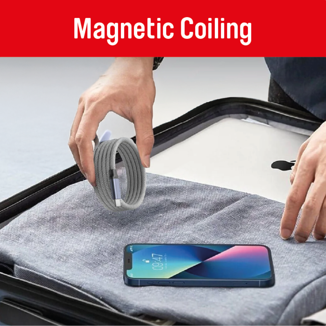 A man packing a USB C to Lightning Ultra Magnetic Charging Cable in his suitcase