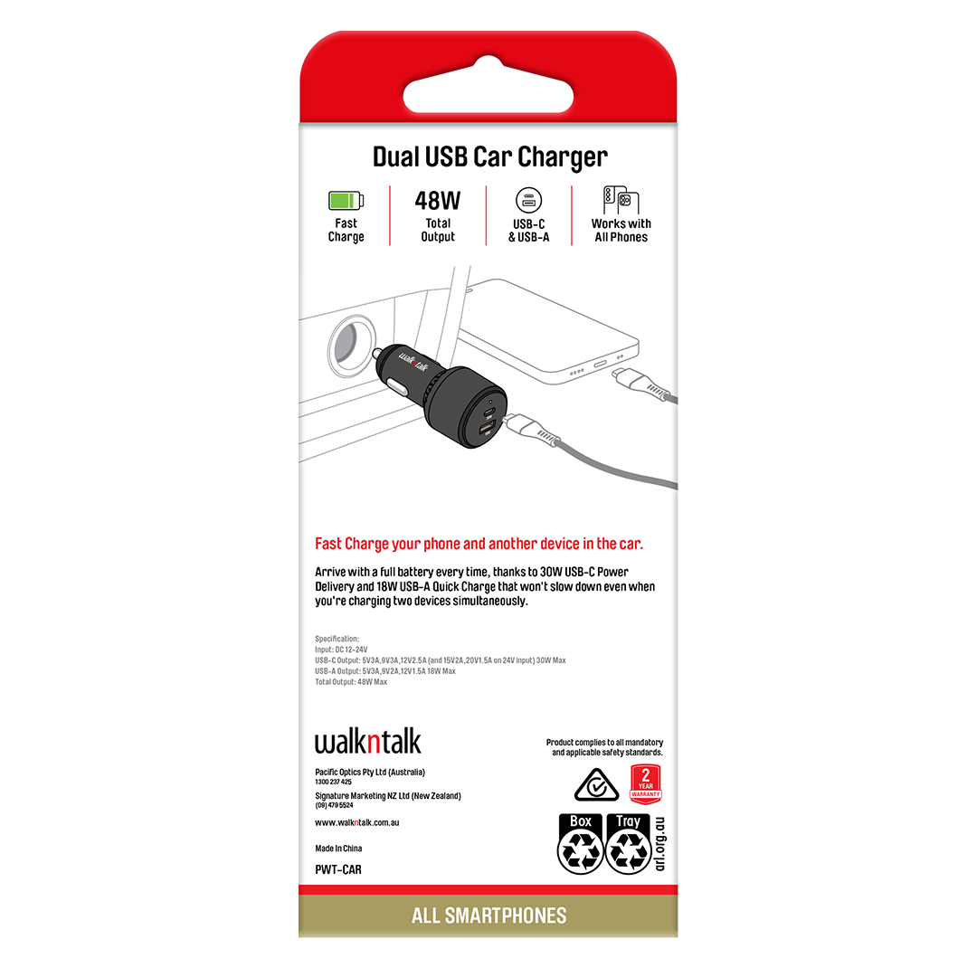 Back packaging of Dual USB Car Charger USB C and USB A 48W Fast Charge