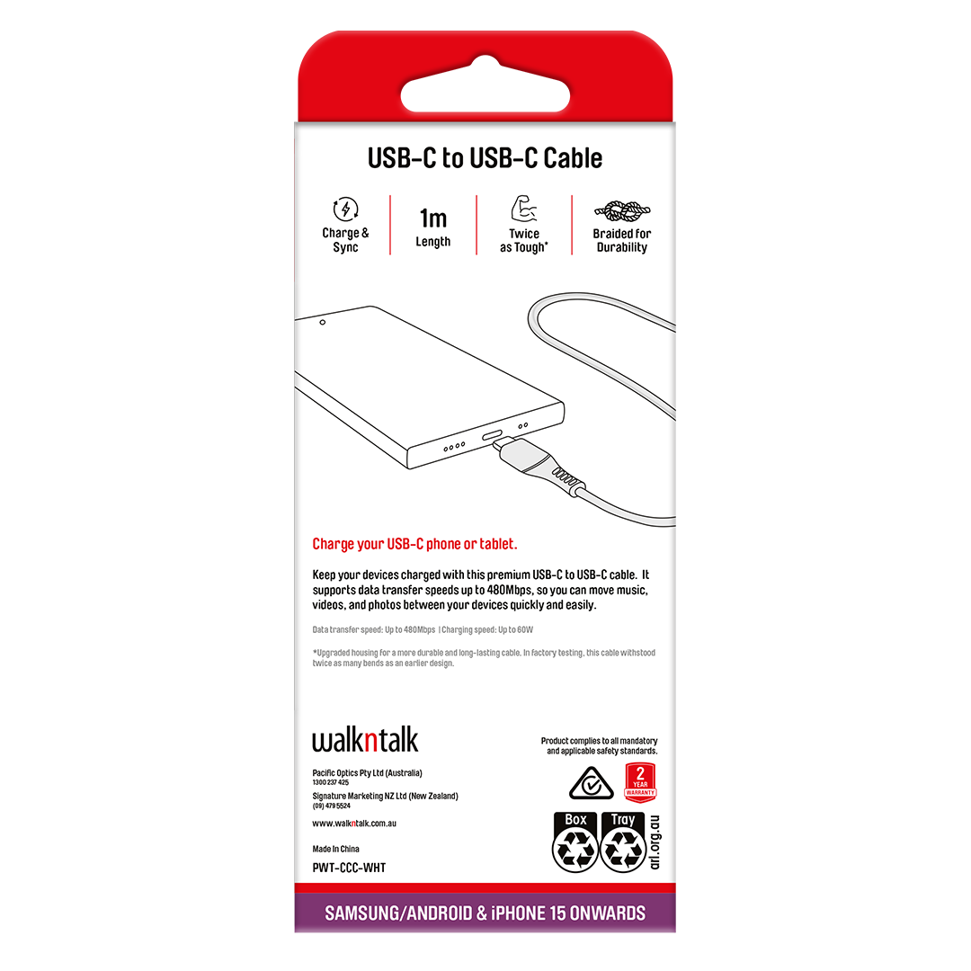 Back packaging of USB C to USB C Braided Fast Charging Cable 60W 1m
