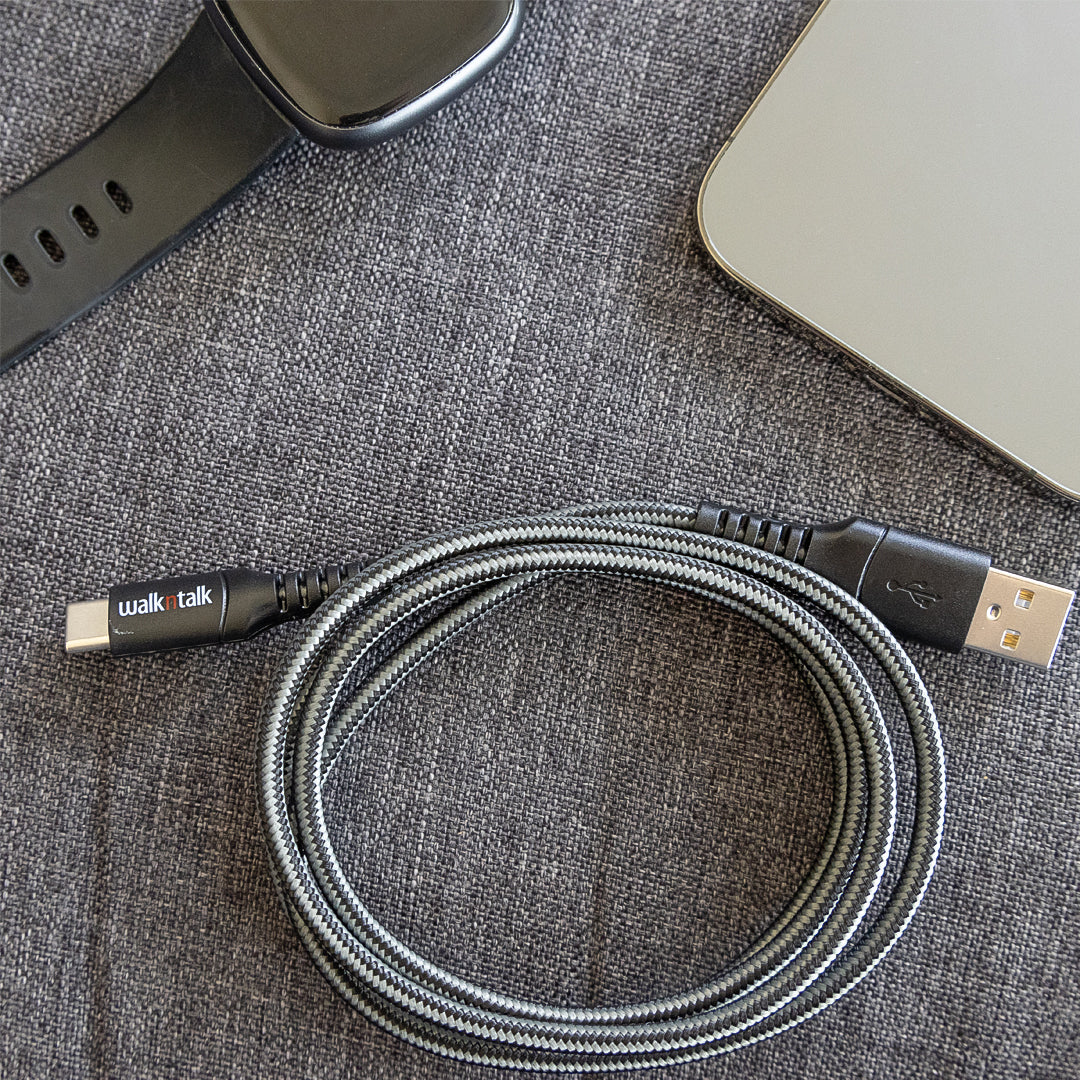 Black 1m charge & sync USB C braided cable coiled