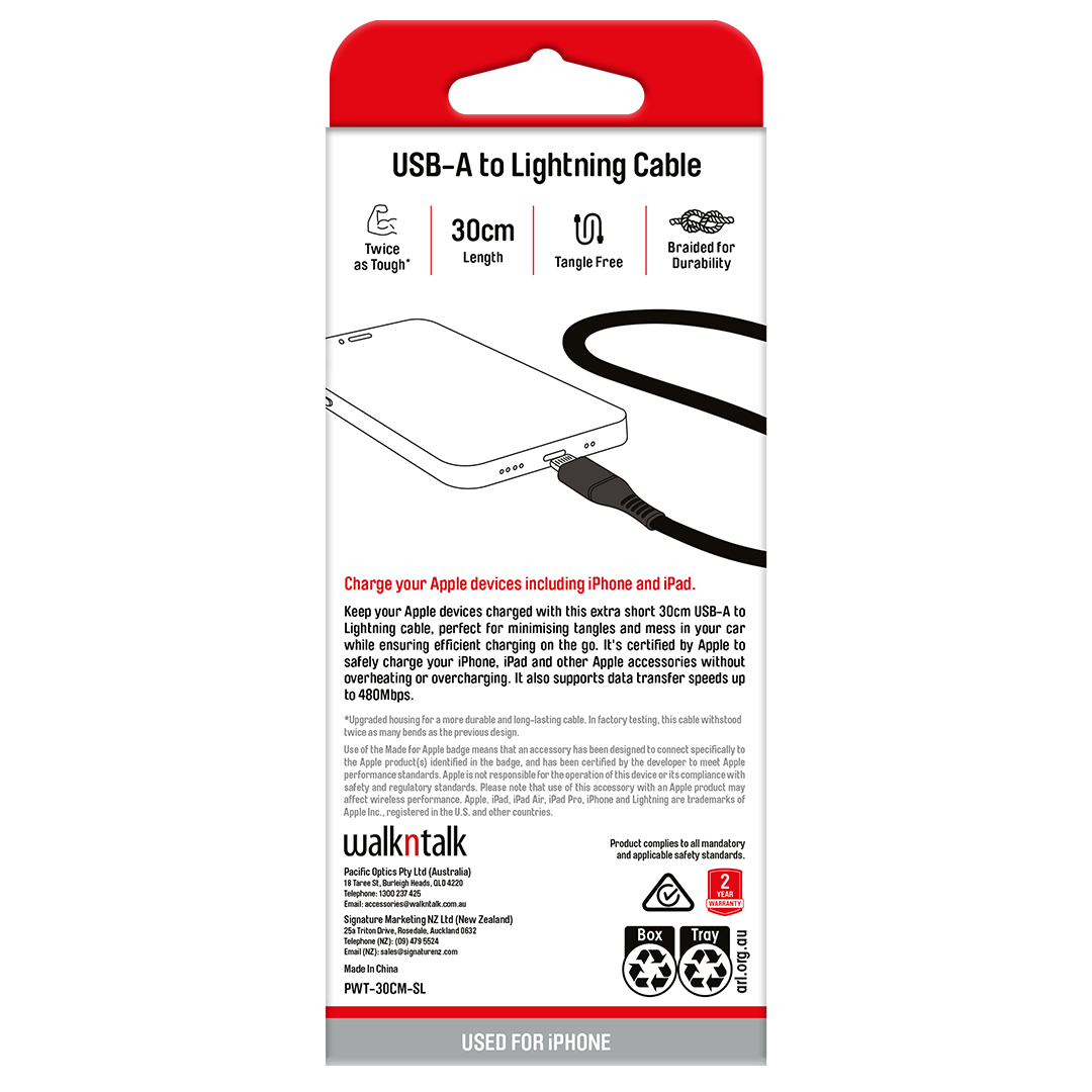 Cable Lightning 30cm Sync - Braided - Apple MFI Certified Charge and Sync Cable back of box