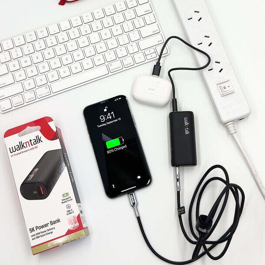Charging a phone and earbuds with a Charging a 5K Power Bank