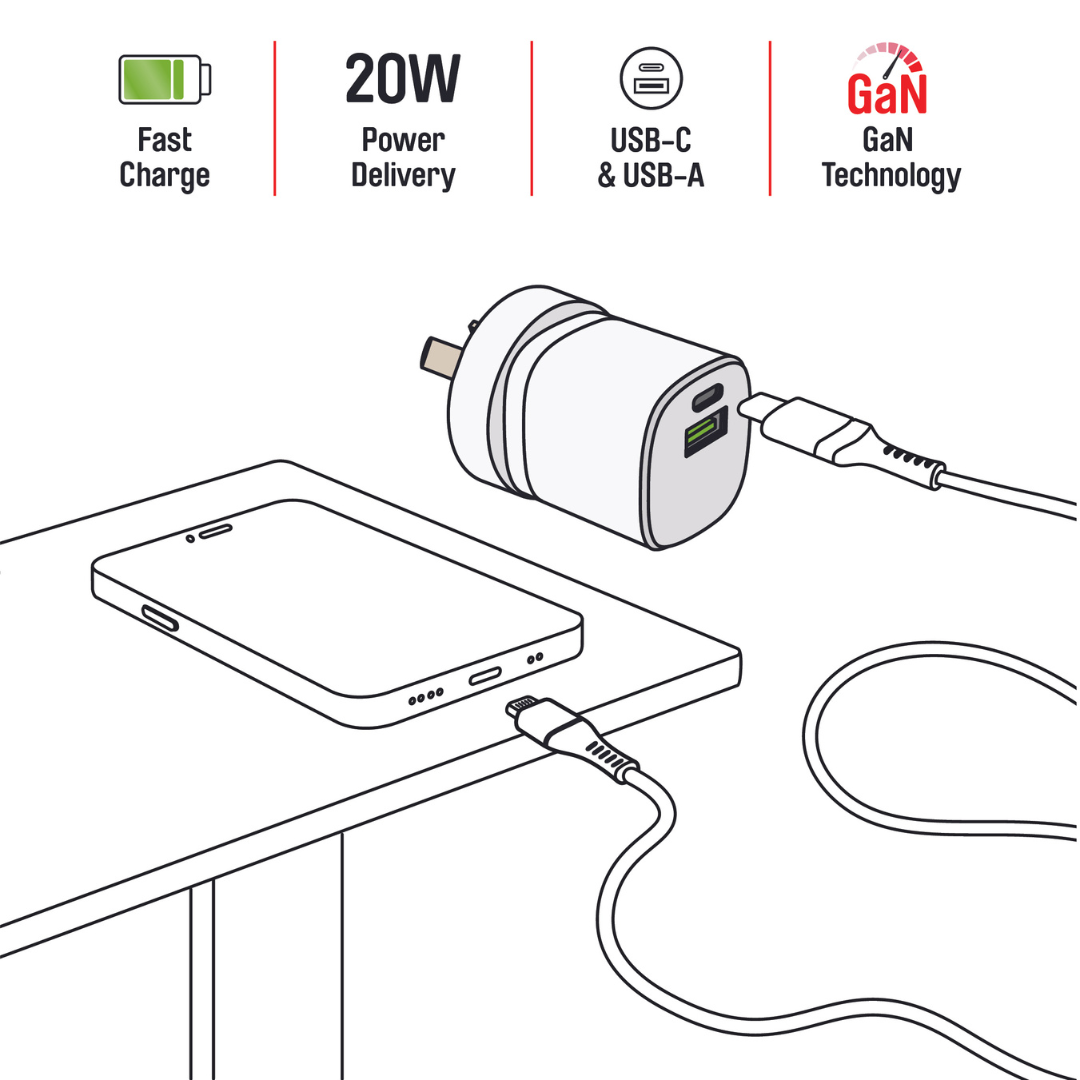 Diagram of 20W Dual USB Wall Charger connecting to a mobile phone