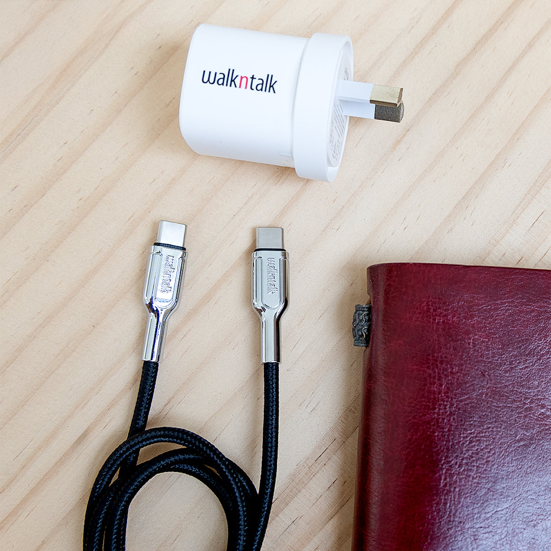 Fast Charge Quick Charge Cable Android and Samsung USB-C to USB-C next to a wall charger