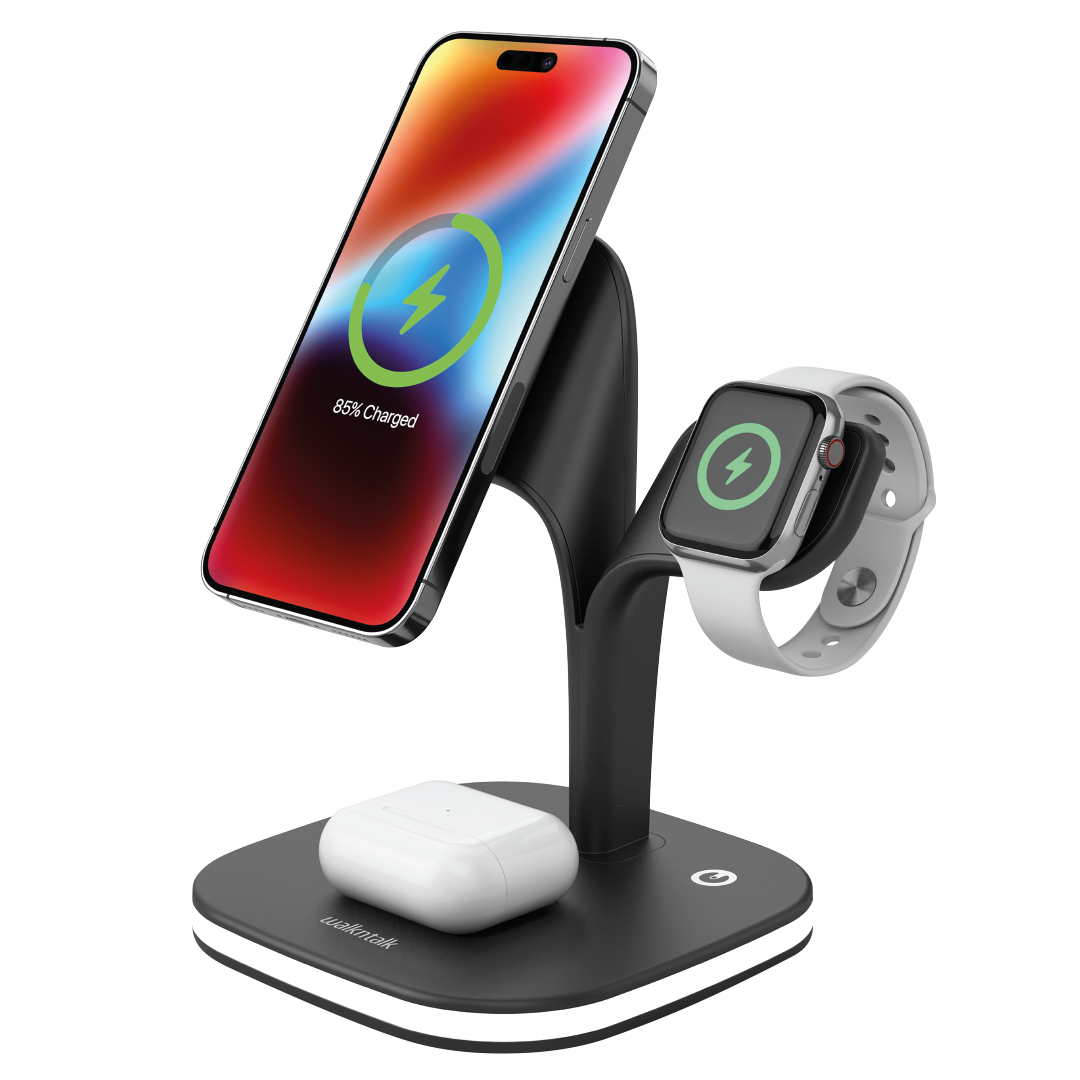 Multi-device wireless charging stand with smartphone, smartwatch, and earbuds on a white background