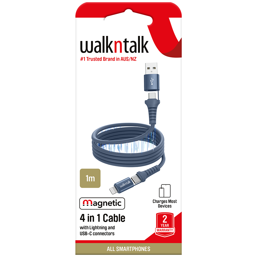 Packaging of 4 in 1 Magnetic Charging Cable with Lightning and USB C Connectors - Navy