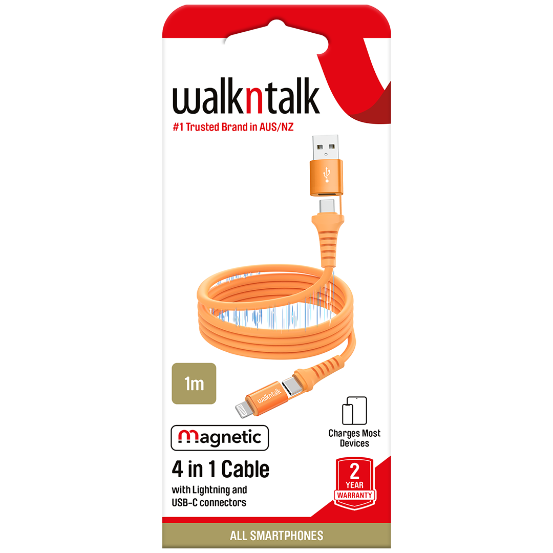 Packaging of 4 in 1 Magnetic Charging Cable with Lightning and USB C Connectors - Orange