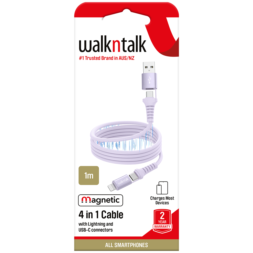 Packaging of 4 in 1 Magnetic Charging Cable with Lightning and USB C Connectors - Purple