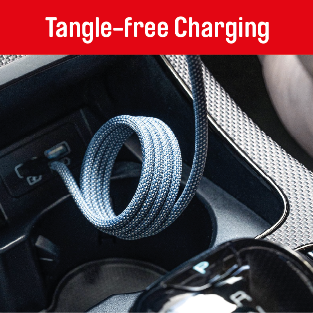 USB C to USB C Ultra Magnetic Charging Cable coiled in a car