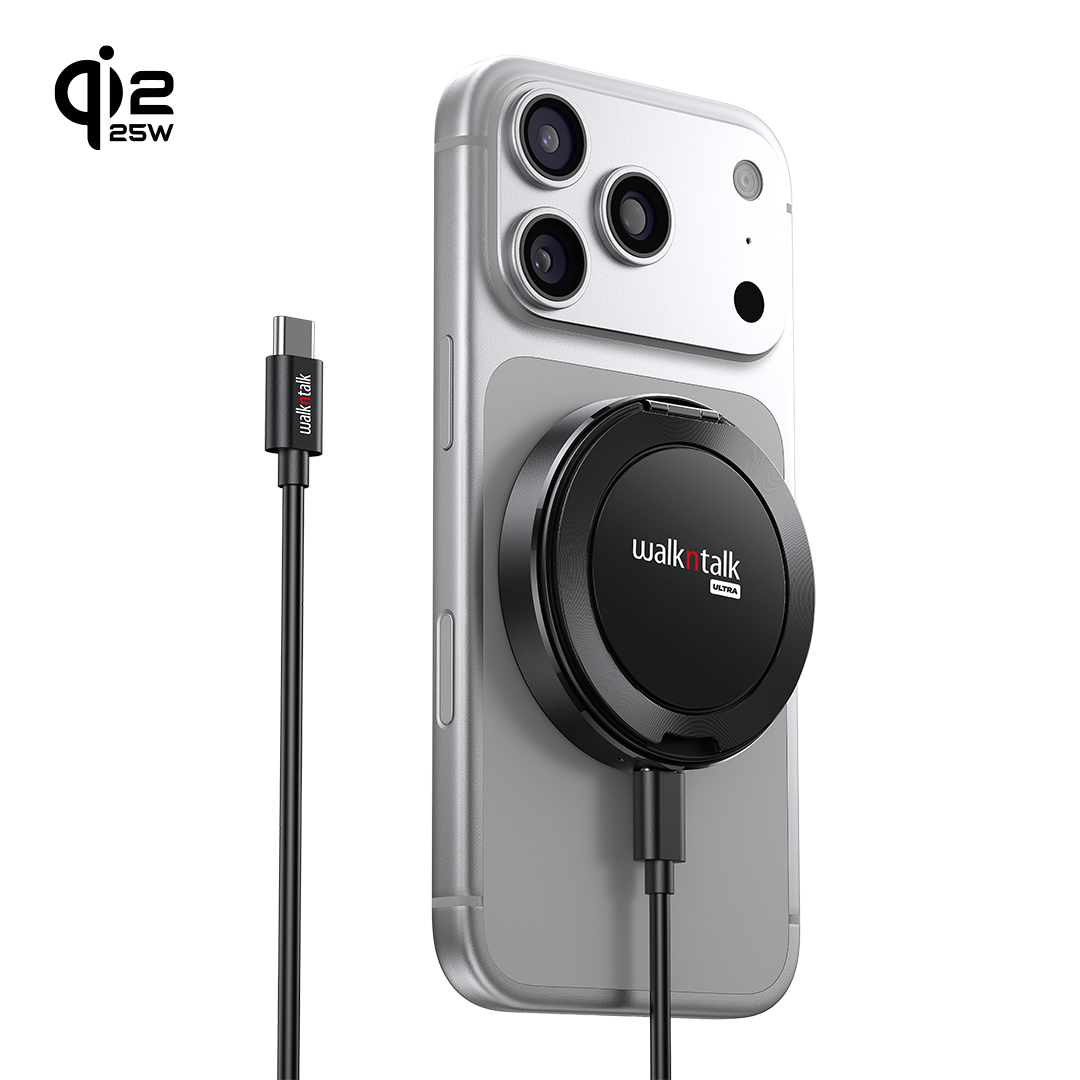 Walkntalk MagSafe-compatible wireless charger and cable, shown attached to the back of a silver smartphone on a clean white background.