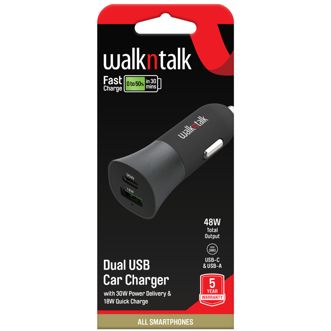 iPhone and Samsung Fast Charge Car Charger Dual USB 48W package
